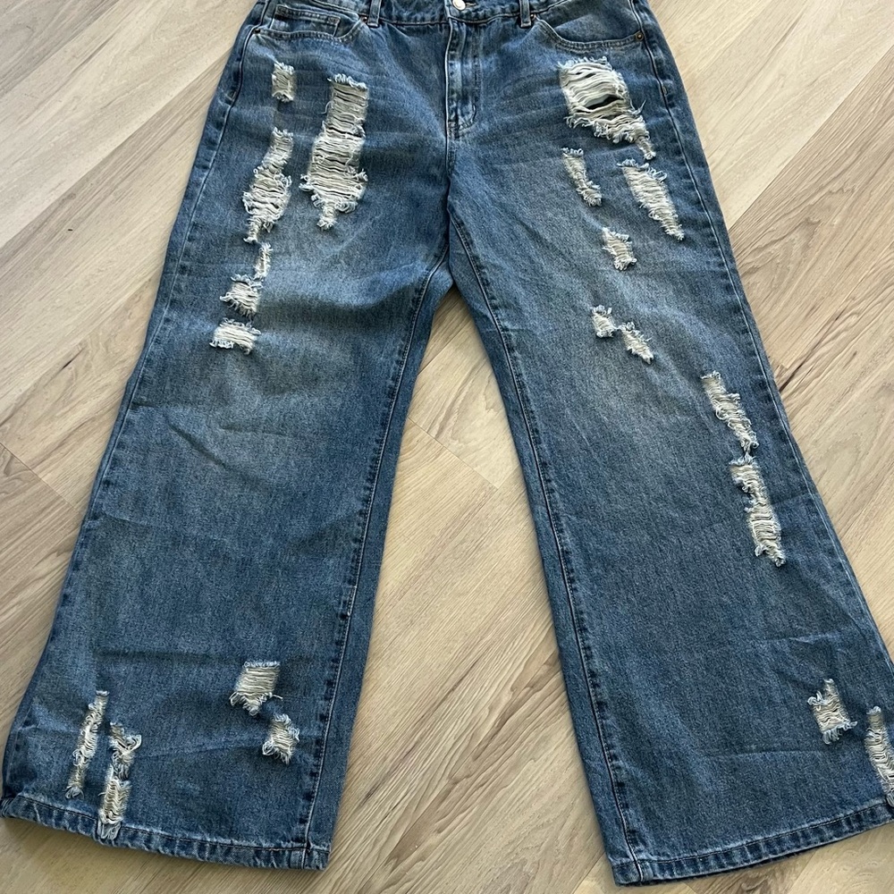 Fashion Nova Blue Distressed Wide Leg Jeans